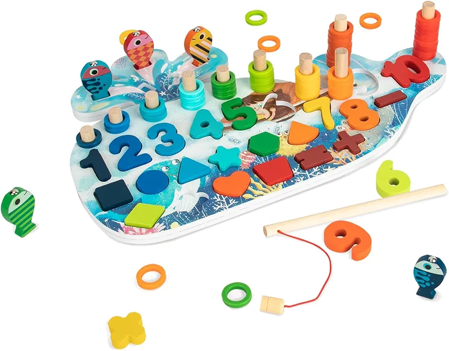 Wooden Fishing Toys, Montessori with Numbers, Fish Catching Counting Games, Math Educational Learning, Preschool Matching Game for Toddler 3+ Year Old