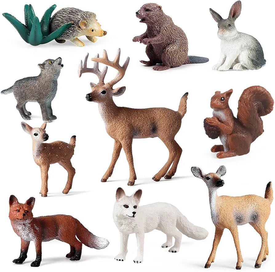 10Pcs Forest Animal Toys Figures - Woodland Creature Figurines Set with Wolf Deer Fox Beaver Hedgehog Rabbit Squirrel - Cake Topper&Gift for Kids Toddlers Boys Girls