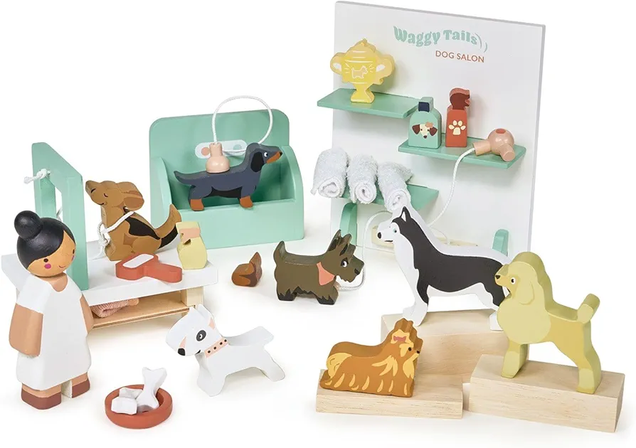 Tender Leaf Toys - Waggy Tails Dog Salon - Wooden Interactive Pet Care Grooming Play Set for Kids - Fun Role-Play Set - Learn Responsibility - Improve Fine Motor Skills - Gift for Dog Lovers - Age 3+