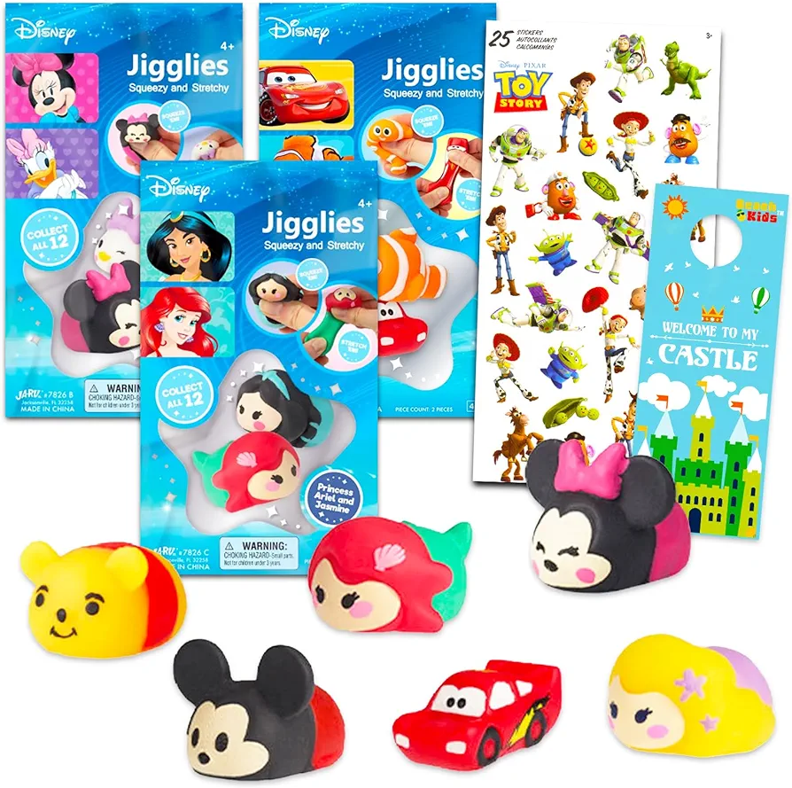 Disney Jigglies Stretchy Toys Mega Pack for Kids - Bundle with 3 Disney Stretchy Toy Sets with 2 Figurines Each Plus Stickers, More | Disney Collectibles, Disney Toys (6 Toys Total)