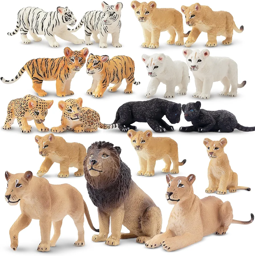 Toymany 18PCS Realistic Safari Animal Figurines, Lions Tigers Leopards Figures Toy Set, High Emulational Zoo Animals Family Set, Cake Toppers Christmas Birthday Gift for Kids Toddlers