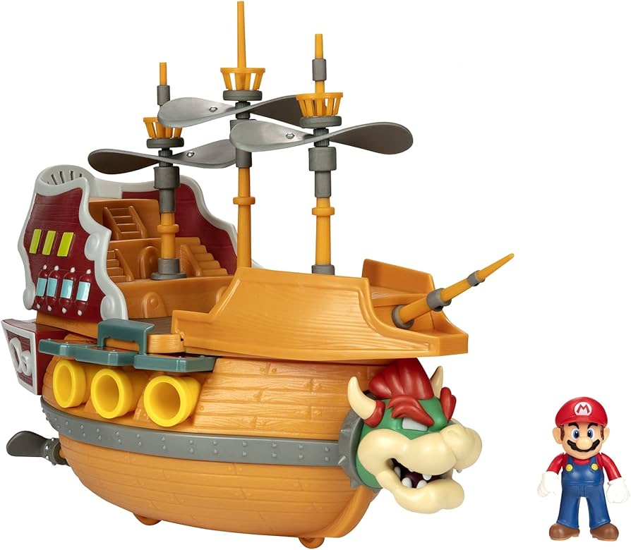 Super Mario Deluxe Bowser's Air Ship Playset with Mario Action Figure – Authentic in-Game Sounds & Spinning Propellers