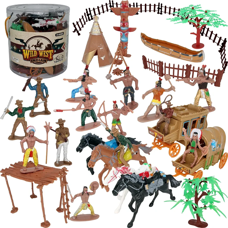 PowerTRC 58 Pcs Wild West Cowboys and Indians Plastic Figures Toys Play Set, Toy Figure Action Soldiers and Native American Accessories Figure Playset Birthday Gift