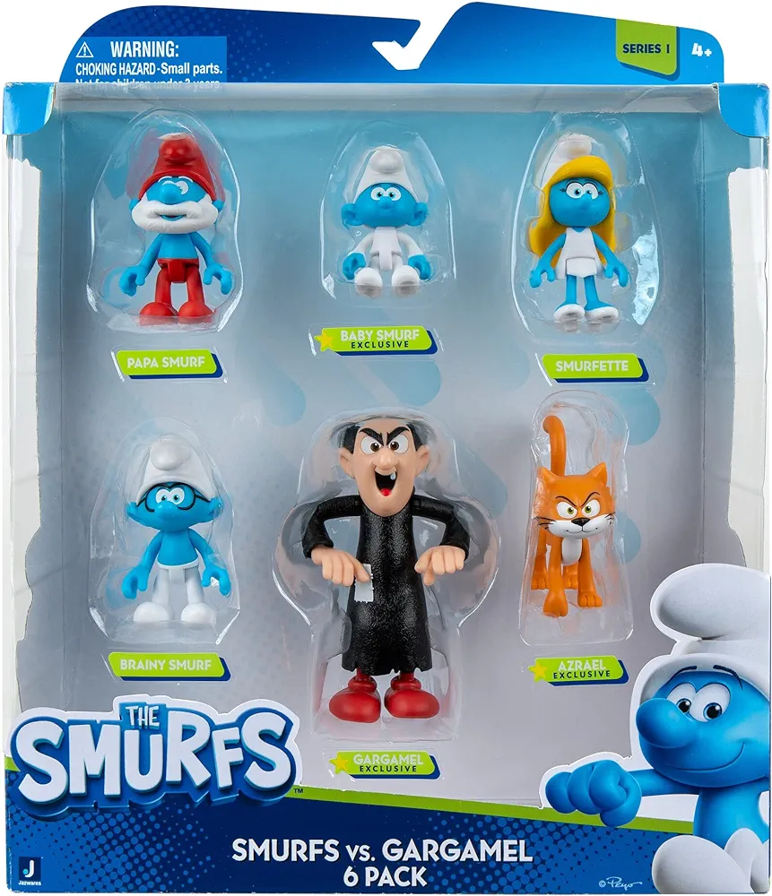 The Smurfs GARGAMEL VS Smurfs 6 Figure Multipack - Features 2-Inch Smurfette, Papa Smurf, Brainy Smurf, Baby Smurf, Azrael, 3-Inch Gargamel - Authentic Details