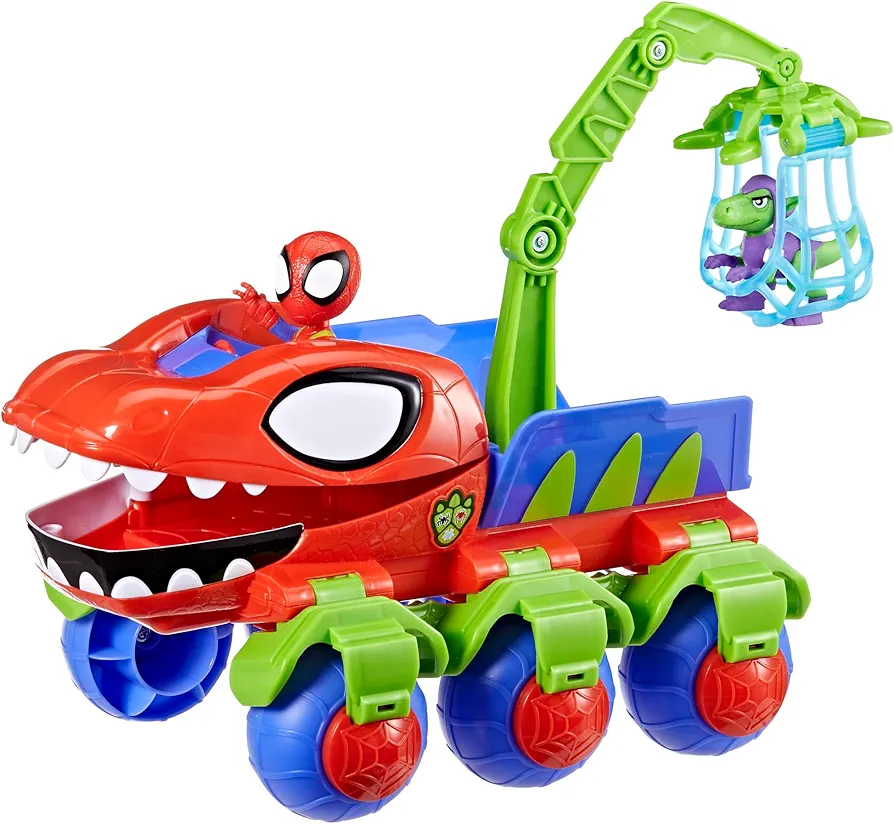 Spidey and his Amazing Friends Marvel Dino-Webs Crawler Toy Car Playset, Spider-Man & Goblin Raptor 4-Inch Action Figures, Kids Ages 3 & Up