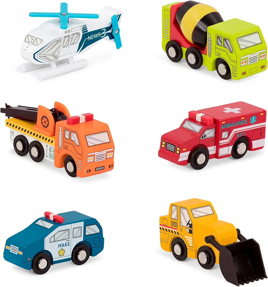 Battat – Miniature Toy Cars – 6 Wooden Minis – Classic Wooden Toys – Mini Ambulance, Cement Truck – 3 Years + – Wooden Vehicles - Set 1