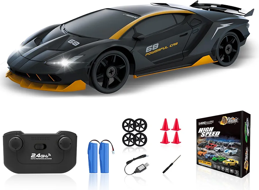 RC Drift Car, 1/24 4WD Remote Control Car RC Cars for Kids, 2.4GHz Hobby Racing Car Toys with LED Light Two Rechargeable Batteries and Drift Tires Toy Cars Birthday Gifts for Boys Adults