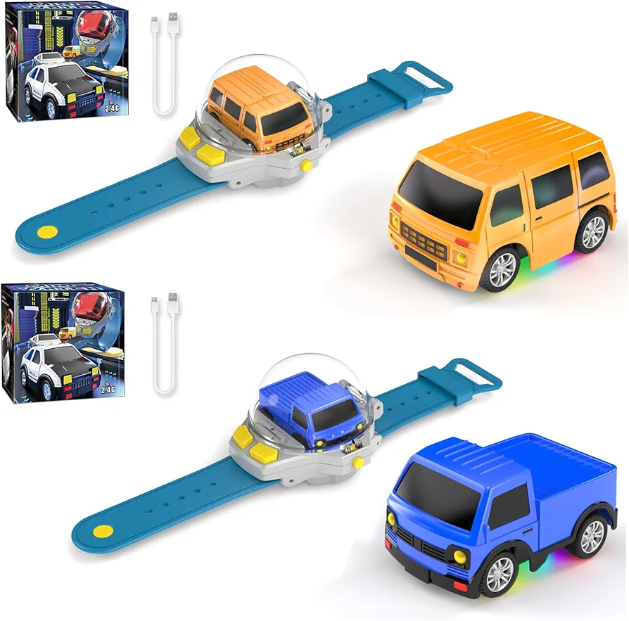 2PCS Mini Remote Control Car Watch Toy with LED Lights, 2.4G RC Cars Toy Car Watch USB Charging Hand Controlled Watch RC Car for Kids Boys Girls for Birthday Christmas Holiday Party Gifts