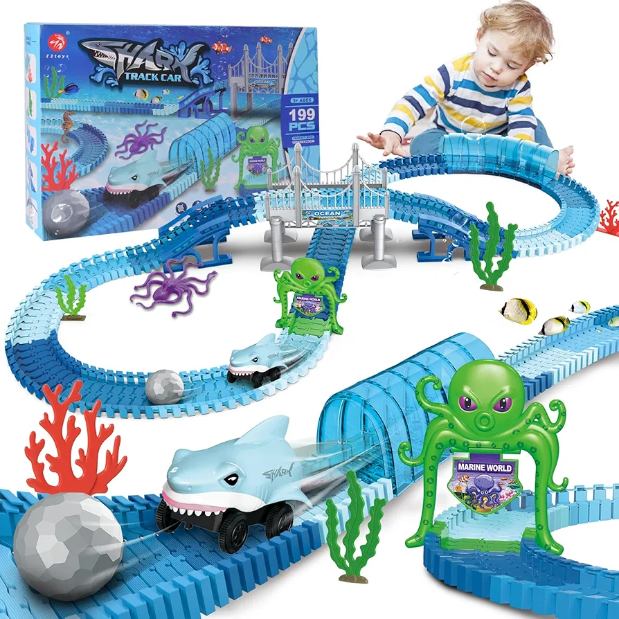 Flexible Racetrack Shark Toy Car - 199 Pcs Race Track Car with Shark & Ball for Baby Toddler Kid Boy Girl Age 3 4 5 6 7 8 9 Years Old, Ocean Theme Train Toy, STEM Educational Gift for Holiday Birthday