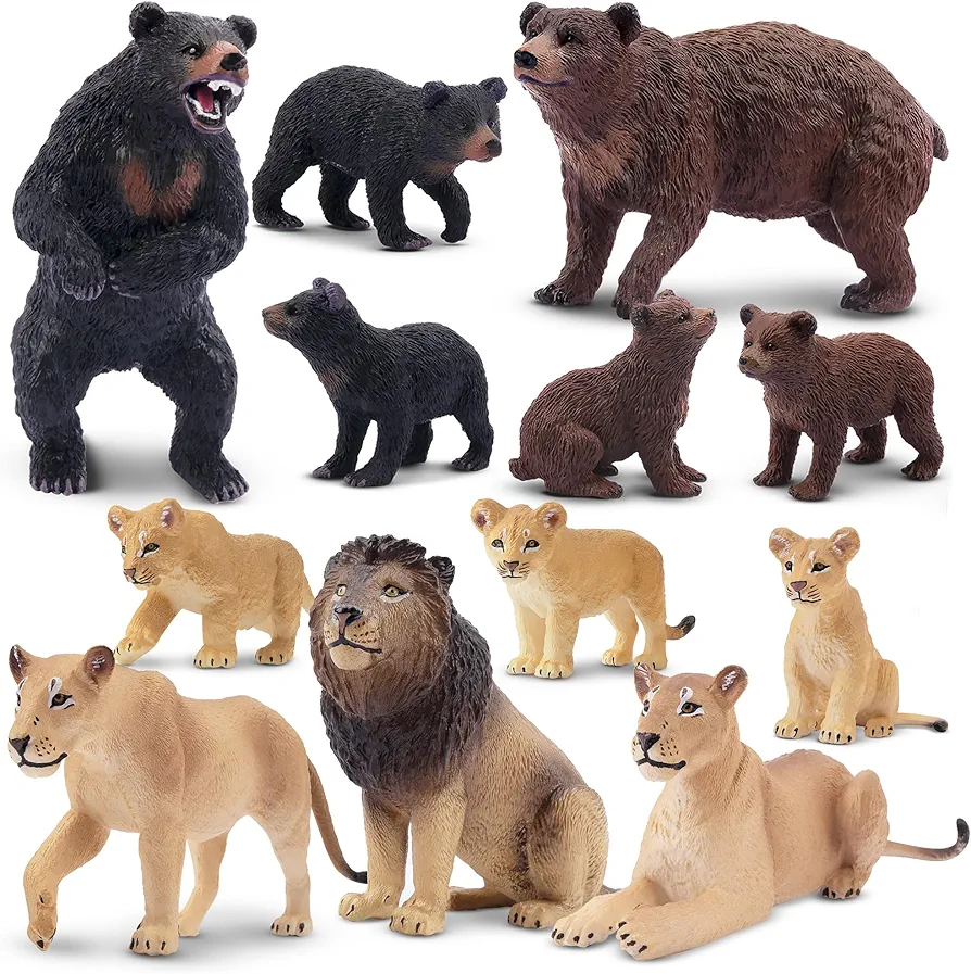 Toymany 12PCS Realistic Jungle Animals Figures Family Set includes Bear Figurines and Lion Figurines with Their Cubs，Education Birthday Gift Christmas Toy for KidsToddler