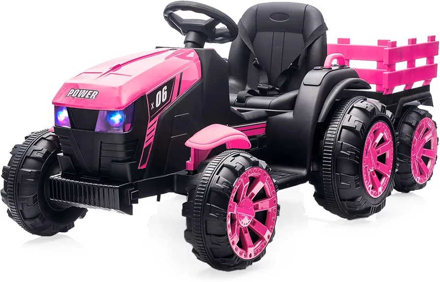 12V Kids Ride On Tractor Toys with Trailer, Kids Electric Vehicles Toy Tractor with Remote Control, 35W Dual Motors Ride on Cars with 6 Wheels, Kids Ride On Toys for Boys Girls (Pink)