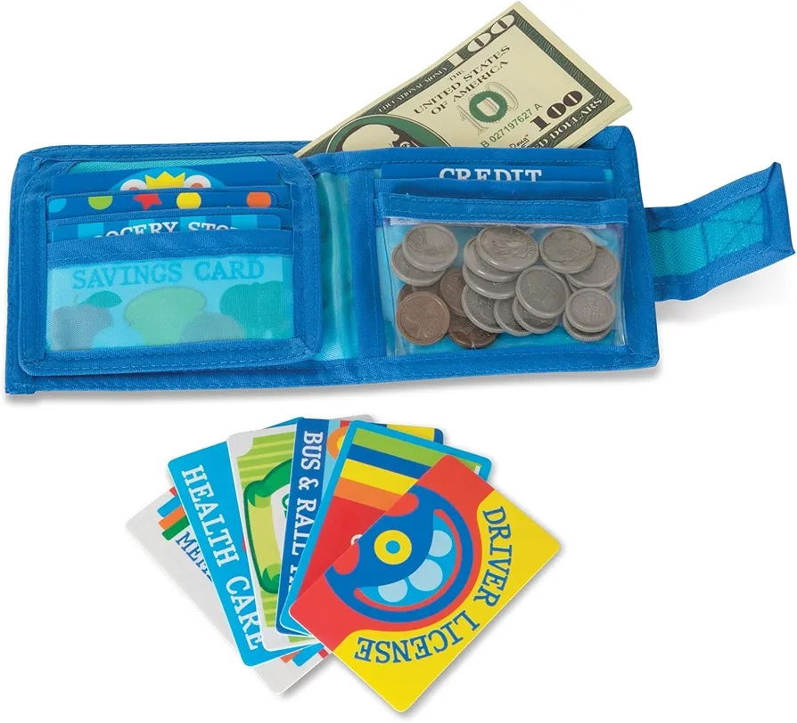 Melissa & Doug Pretend-to-Spend Toy Wallet With Play Money and Cards (45 pcs), Blue - FSC Certified