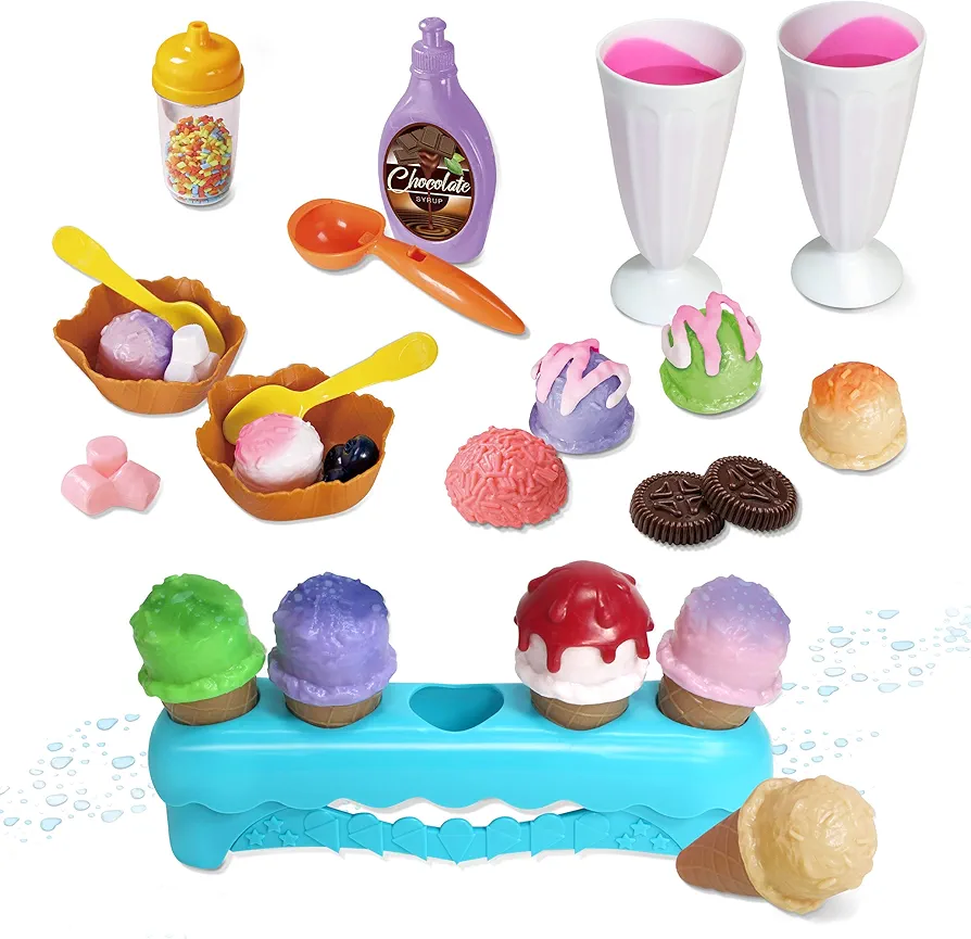 Kidzlane Ice Cream Play Set | 34 Piece Ice Cream Toy Set with Color Changing Scoops & Toppings | Pretend Play Food Toy for Kids and Toddlers Ages 3 Plus