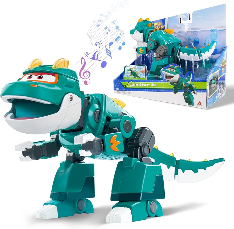 Super Wings 15'' Dinosaur Toys Tino with Spray, Lights & Roar Sounds, Big Dinosaur Toys for Kid 3-5, Robot Dinosaur Action Figure Tino with Mist Spray for Boy & Girls 3+