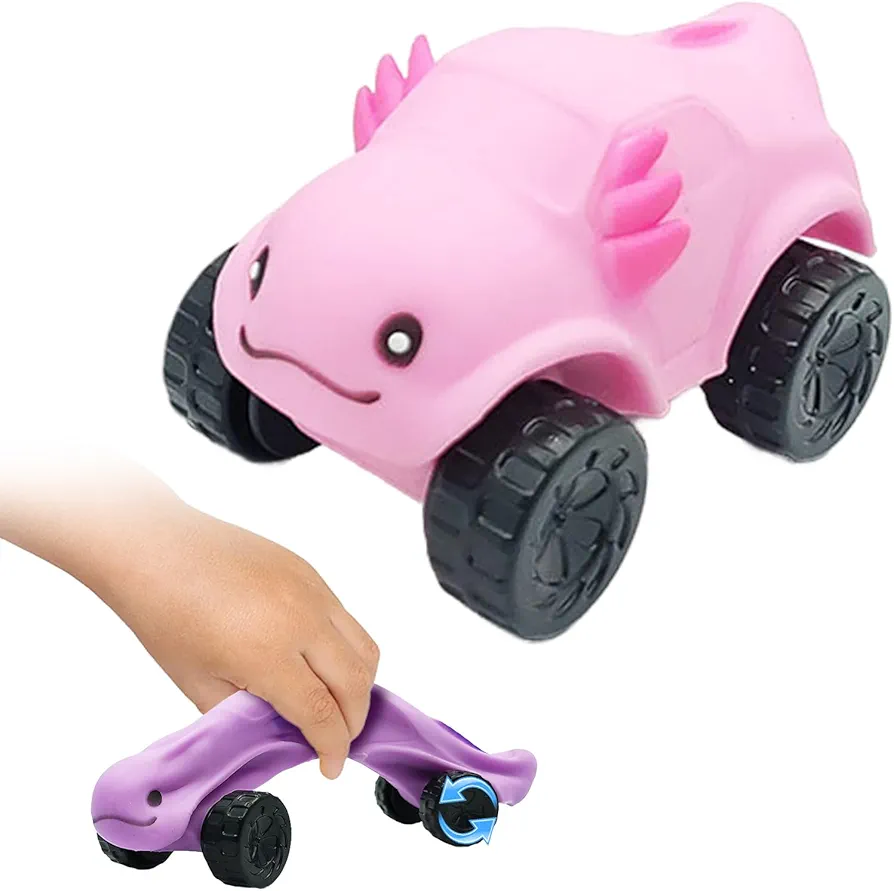 Squishy Toy Cars - 1/3 Pack - Soft and Squeezable Stress Relief Fidget Vehicle with Rotating Wheels, Sand Squeeze Dough Fun Relaxing Toy for Kids and Adults (1 Pack, Axolotl)