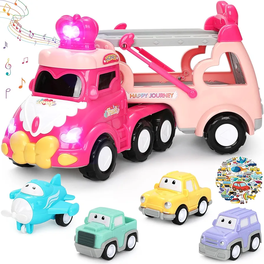 Toddler Car Toys Girl Birthday Gifts 5-in-1 Pink Princess Transport Carrier Trucks for Toddlers with Lights & Music Little Toddler Girl Toys