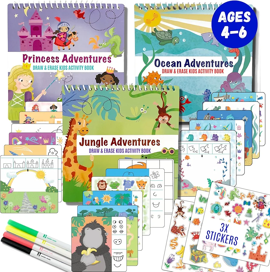 Kids Travel Educational Activity Books with Washable Markers - Car and Airplane Activities, Learning Toys for Toddlers- Reusable Stickers for Ages 4, 5, 6 (Jungle, Ocean & Princess)