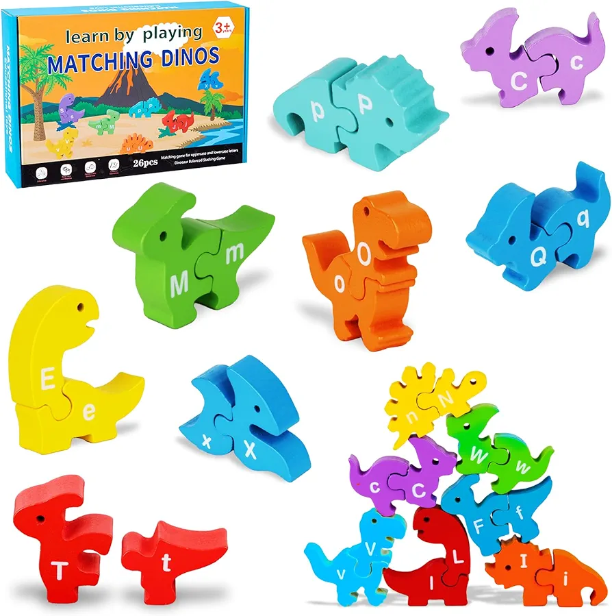 Montessori Alphabet Learning Toys, 26PCS Matching Letters Dinosaur Toy, ABC Learning Toys for Kids Ages 3-6, Montessori Toys for 3+ year old, Wooden Stacking Dinosaur Toys,Kids Favor Birthday Gifts