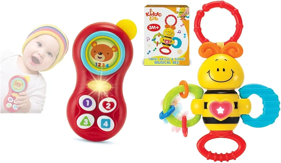 KiddoLab Baby Cell Phone Musical Toy and Twist & Rattle Bee: Interactive Learning and Sensory Play Bundle for Infants and Toddlers Ages 3-12 Months with Music, Lights, and Teething Features.