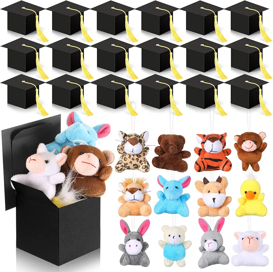 48 Set Preschool Graduation Gift Set Graduation Candy Box and Mini Plush Animals Toys Graduation Cap Gift Boxes with Gold Tassel Cute Animal Keychain for Teacher Student Classroom Graduation Party