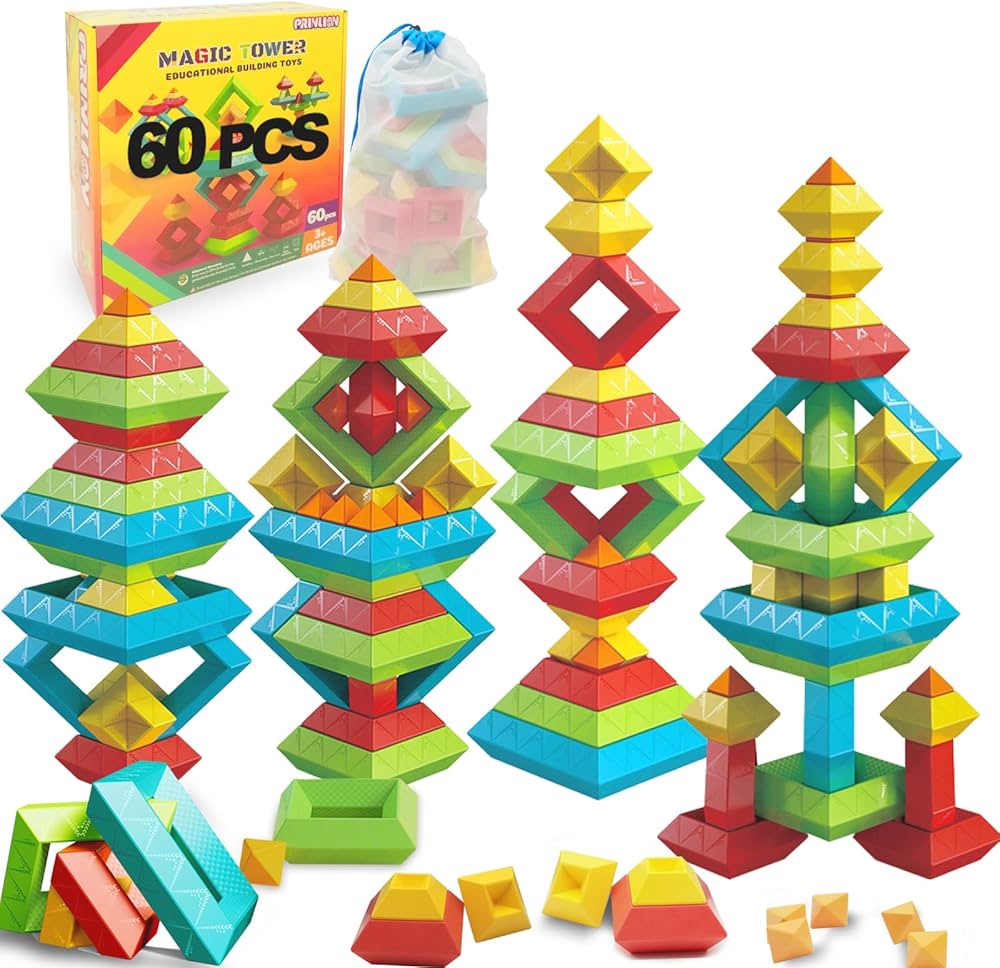 Montessori Toddler Toys for Ages 2-4, 60 PCS Stacking Building Toys Blocks Kids Sensory Toys for Toddlers 1-3 3-5, Preschool Learning Activities Stem Educational Pyramid Gifts for Boys Girls