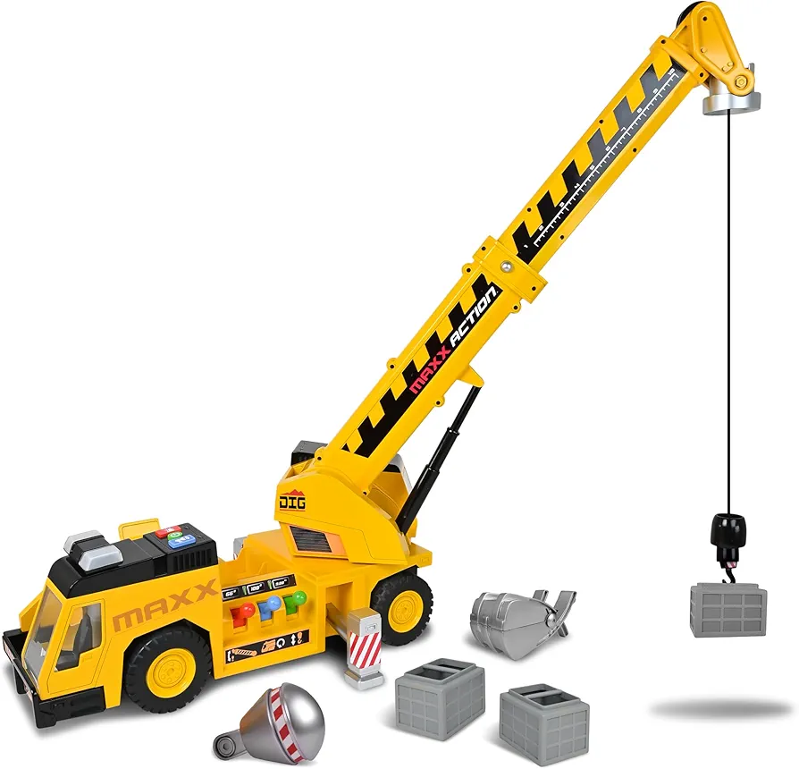 Maxx Action 27'' 3-N-1 Crane Truck - Large Construction Vehicle with Lights, Sounds and Motorized Drive | Realistic Crane with Joystick Controllers