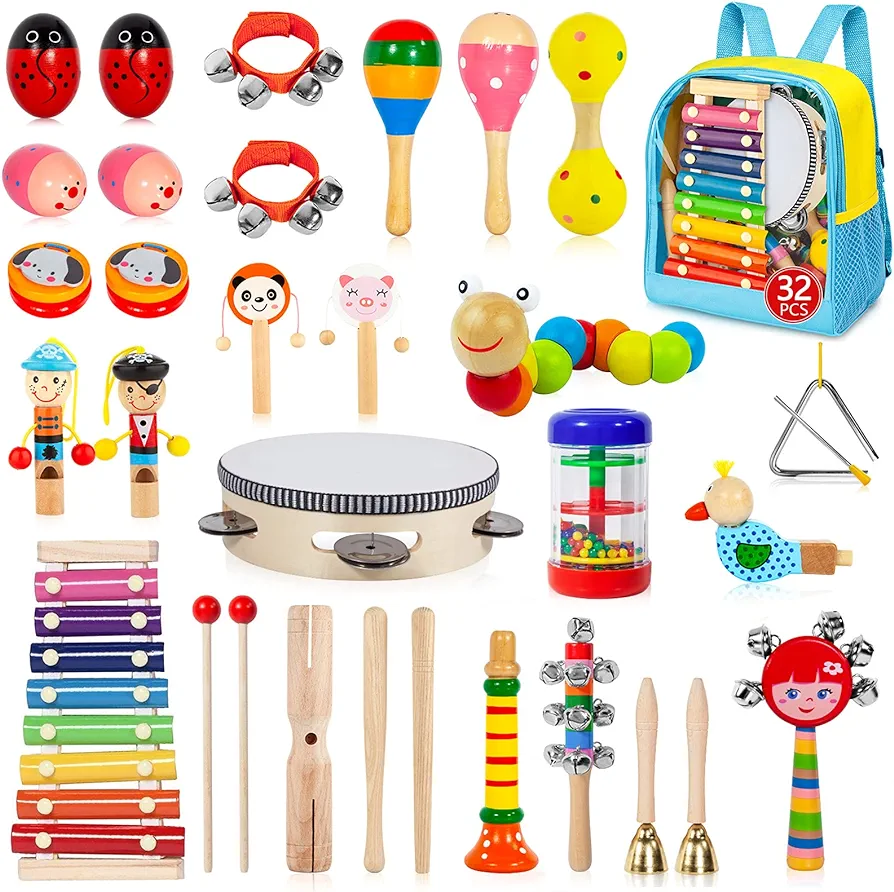 Toddler Musical Instruments Set, 32 PCS 19 Kinds Wooden Percussion Instruments Toys for Kids Playing Preschool Education, Early Learning Baby Musical Toys for Boys and Girls Gift