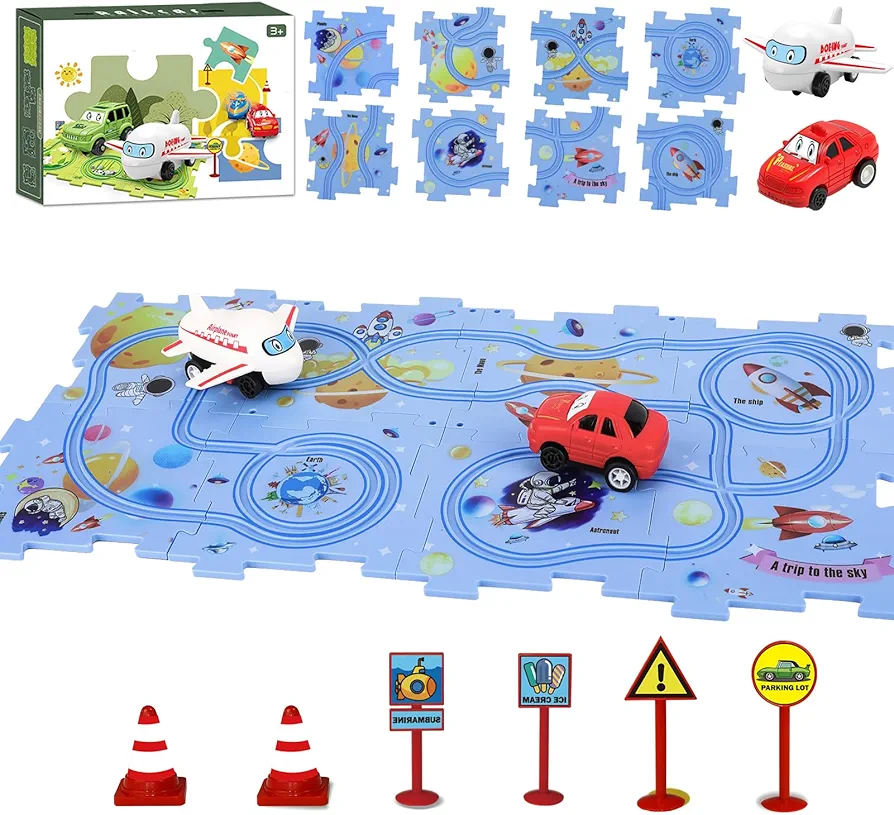 Puzzle Track Car Play Set - DIY Car Tracks Children's Educational Puzzle Board with Electric Vehicle Toy for Toddler Boys Kids Gift (SPACE-16PCS)