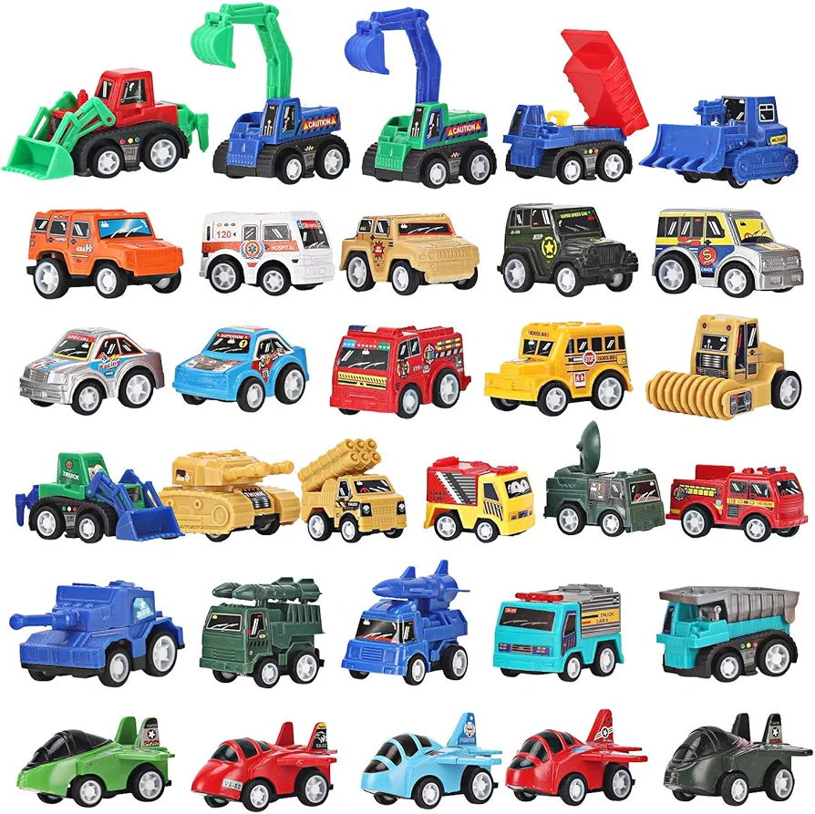 Liberty Imports 36 PCS Mini Pullback Vehicles Toy Pocket Cars Mega Set for Kids - Pull Back Plastic Miniature Construction Truck, Military Vehicle, Race Car, Fighter Jets Gift Assortment