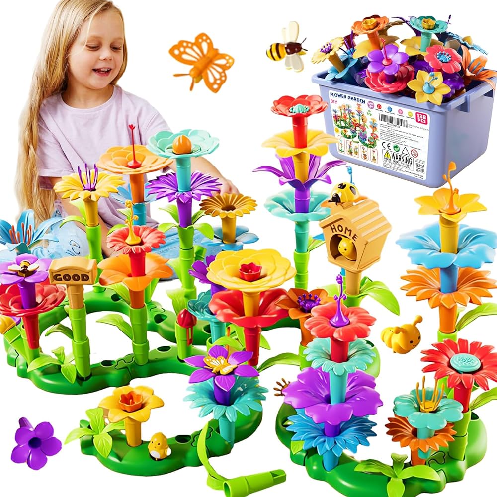 FUNZBO Flower Building Toys - Toddler Toys for 3+ Year Old, Stacking Toys for Kids Girls Boys, Birthday Gifts for Girls, STEM Educational Toys with Storage Box (138 pcs), LY011 C-1