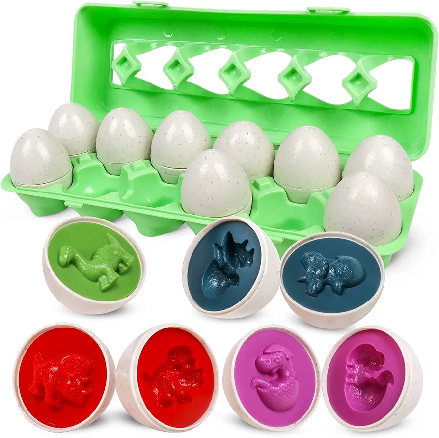 Skrtuan Dinosaur Matching Eggs 12 Pcs, Learning Dinosaur Easter Toys Gift for Toddler 1 2 3 Year Old, Montessori Educational Preschool Game, Color Shape Recognition Fine Motor Skill Fun Set for Boys