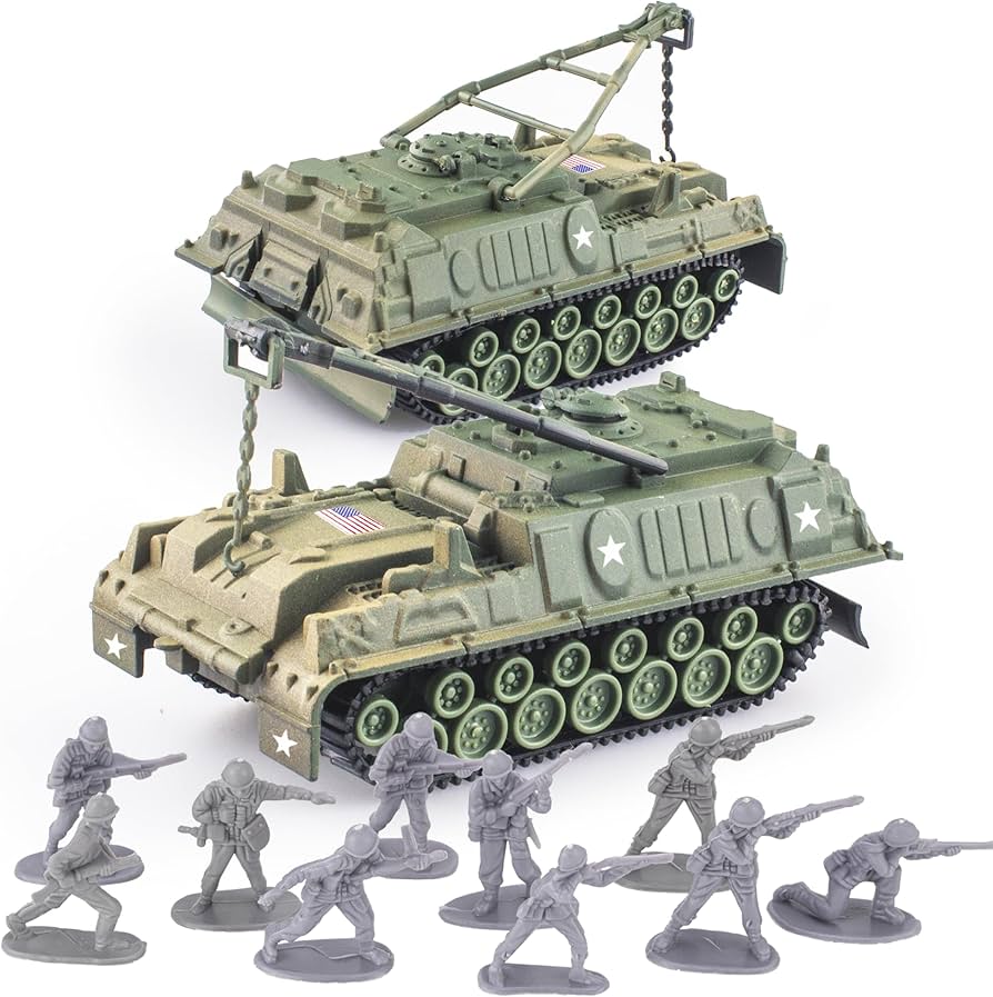 Army Tank and Army Men Toys Playset, 2pc 1:72 US Tank-4 Models & 10pc Toy Soldiers, Olive Drab Green WW2 Military Vehicle for Boys