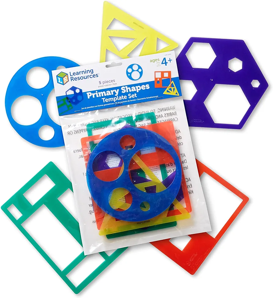 Learning Resources Primary Shapes Template Set - 5 Pieces, Ages 4+ Homeschool and Classroom Supplies, Geometric Shapes, Tracing Helper for Kids