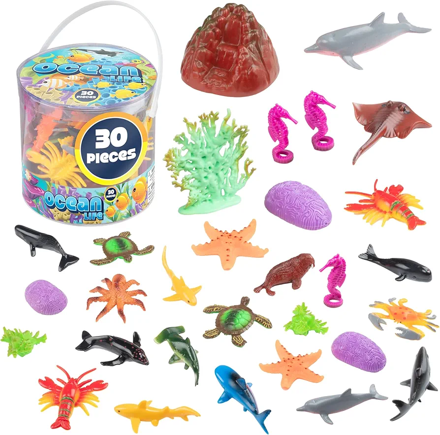 Ocean Life Sea and Animal Toy Action Figure Set - 30pc Bucket of Marine Animals includes Turtles, Crabs, Starfishes, Seahorses, Dolphins, Coral & More - Great Bathtub Toy, Beach Toy, & Sandbox Toy