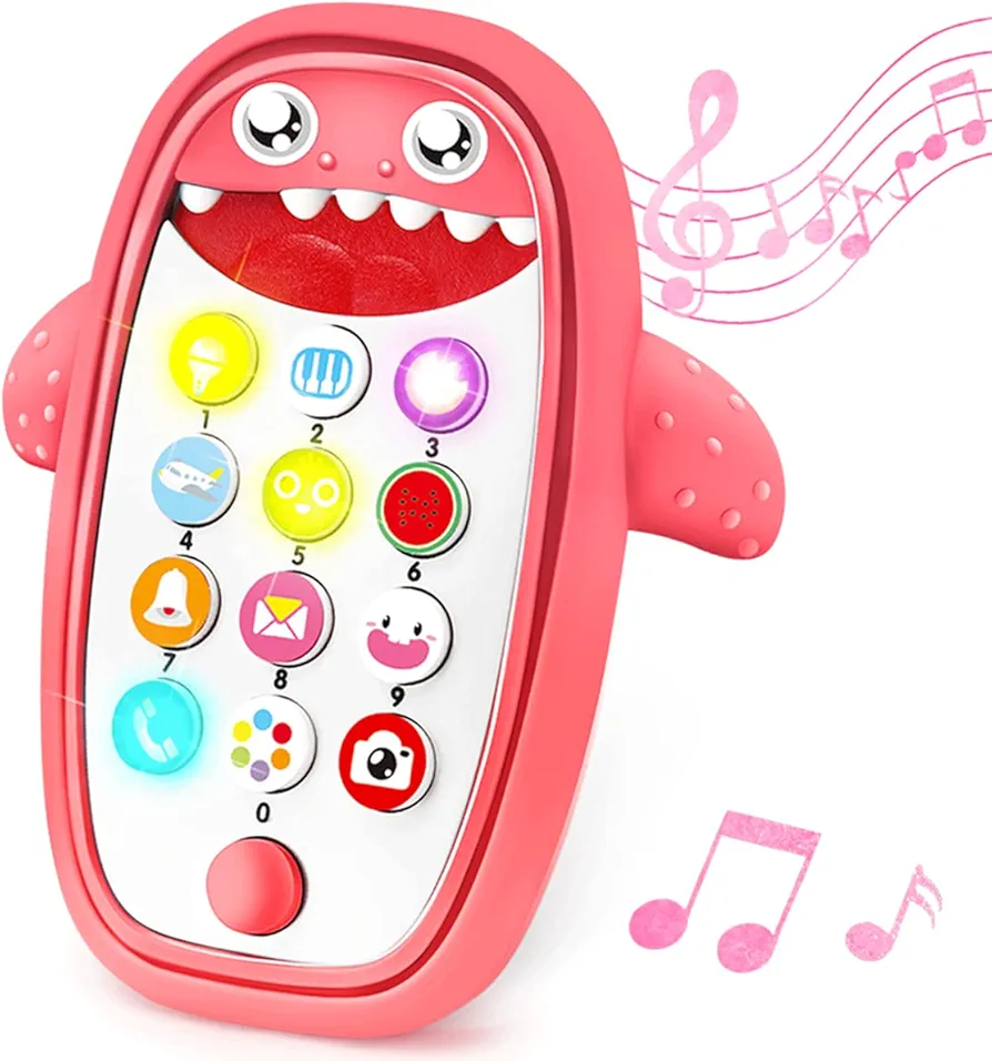 Baby Shark Cell Phone Toy Removable Teether Case, Light, Music & Adjustable Volume Kids Play & Learn Fake Phone Infant Toddler, Preschool Holiday Birthday Gift for Girl Boy 0-6, 6-18 Months (Red)