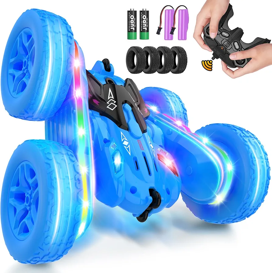 Remote Control Car,RC Cars with sides light strip and Headlights,Double Sided 360 Flips Rotating RC Stunt Car,2.4Ghz All Terrain Toys for Ages 4-6 Kids Toy for Boys Girls Birthday Gift(Blue)