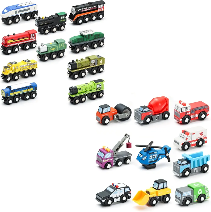 SainSmart Jr. Wooden Train Set Accessories, Magnetic Toy Car Set (20 PCS), Compatible with All Major Brands, Gift for Toddlers, Boys, and Girls Aged 3+