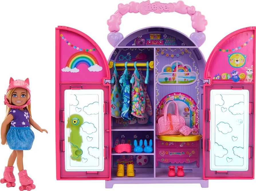 Barbie Chelsea Doll & Closet Toy Playset with 15 Pieces Clothes & Accessories Included, Foldable Set for On-The-Go Play & Storage