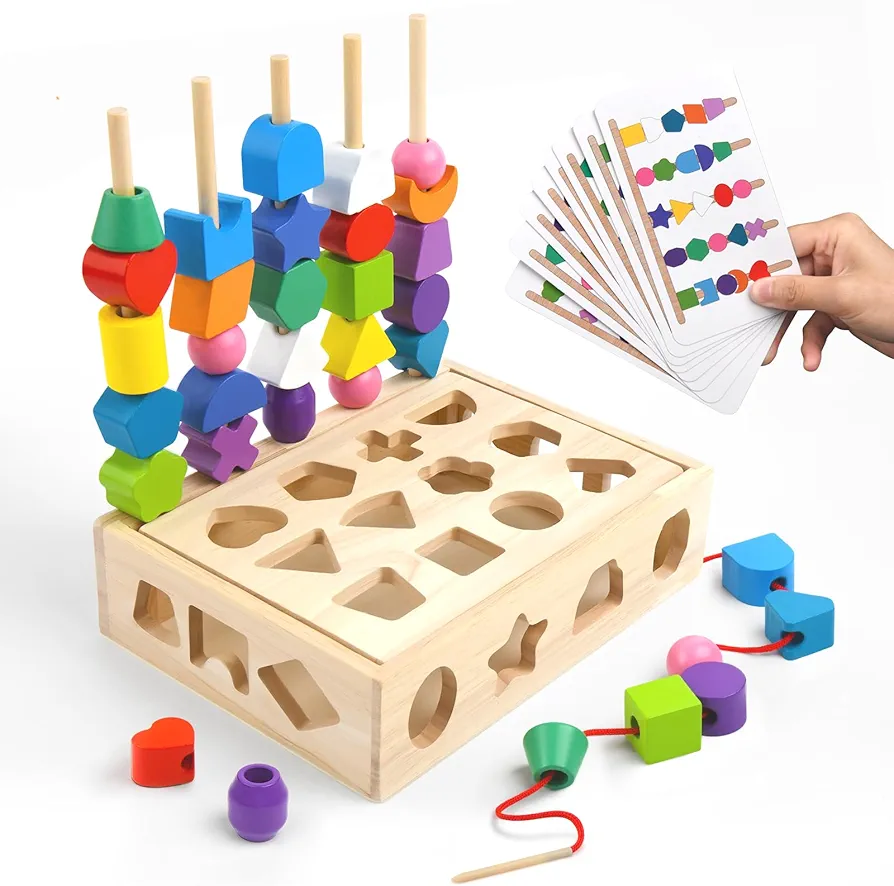 3 in 1 Wooden Color Sorting Stacking Toys, Montessori Toys Geometric Shape Sorter Matching Toys Lacing Beads Sequencing Toy Set Preschool Learning Fine Motor Skills Toys for Toddlers 3 4 5 Years