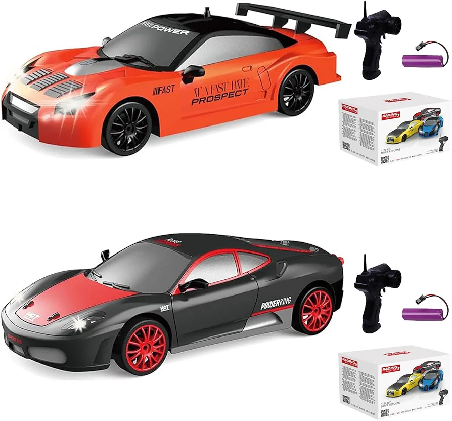 2PCS RC Drift Car 2.4GHz 1:24 Scale 4WD High Speed Remote Control Cars Vehicle with LED Lights Batteries and Drifting Tires Racing Sport Toy Cars for Adults Boys Girls Kids Gift