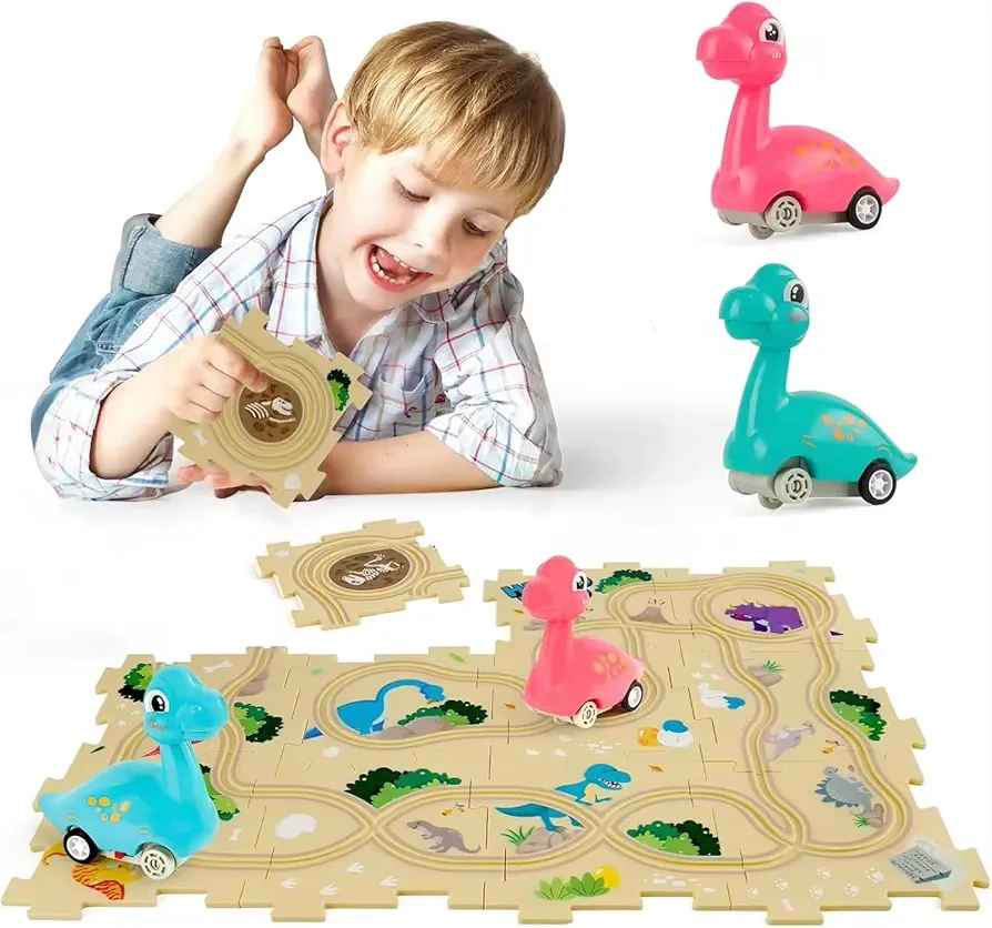 Dino Floor Puzzle Car Track Set with 2 Dino Cars, for Toddlers and Kids 3-6 Years Old. Gift for 3-6 Years Old Boys and Girls. Kindergarten and Montessori Learning Activity