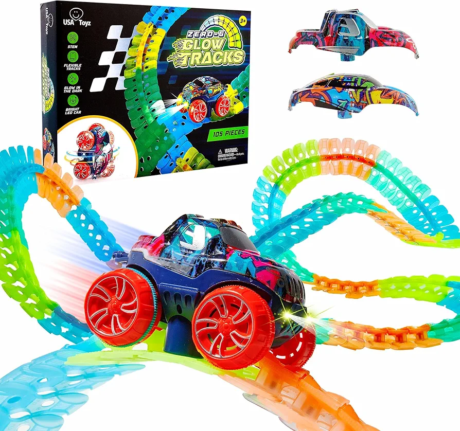 USA Toyz Zero-G Glow Race Track for Kids- 105pcs Glow in the Dark Flexible Race Car Track Set with Suction Cups, Slot Car, 2 Graffiti Toy Cars Shells, STEM Toy LED Car Tracks for Boys and Girls Age 3+