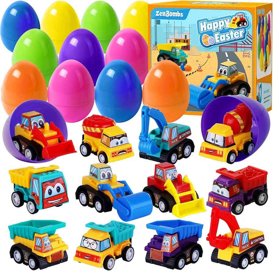 Easter Eggs with Cars Inside - 12 PCS Prefilled Easter Eggs with Pull-Back Toy Cars - Kids Easter Basket Stuffers & Party Favor Toys for Boys and Girls Over Age 3 Years Old