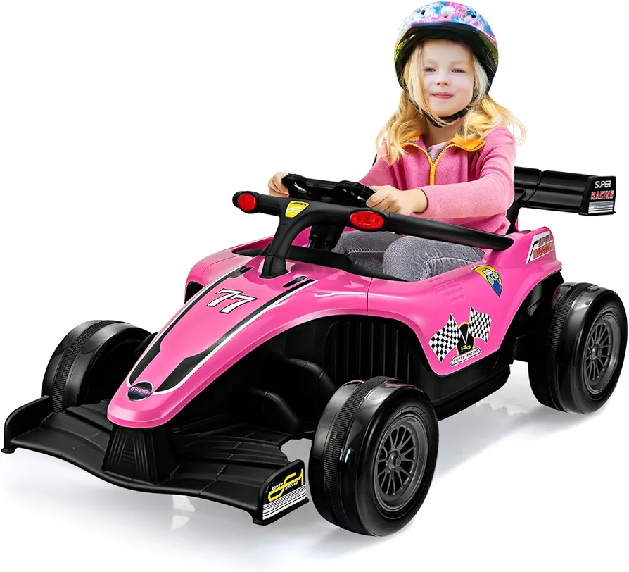 OLAKIDS 12V Ride On Car for Kids, F1 Racing Electric Vehicle for Toddlers with Remote Control, Battery Powered Motorized Toy with Music, Horn, 2 Speeds, Wheels Suspension, LED Lights, MP3 (Pink)