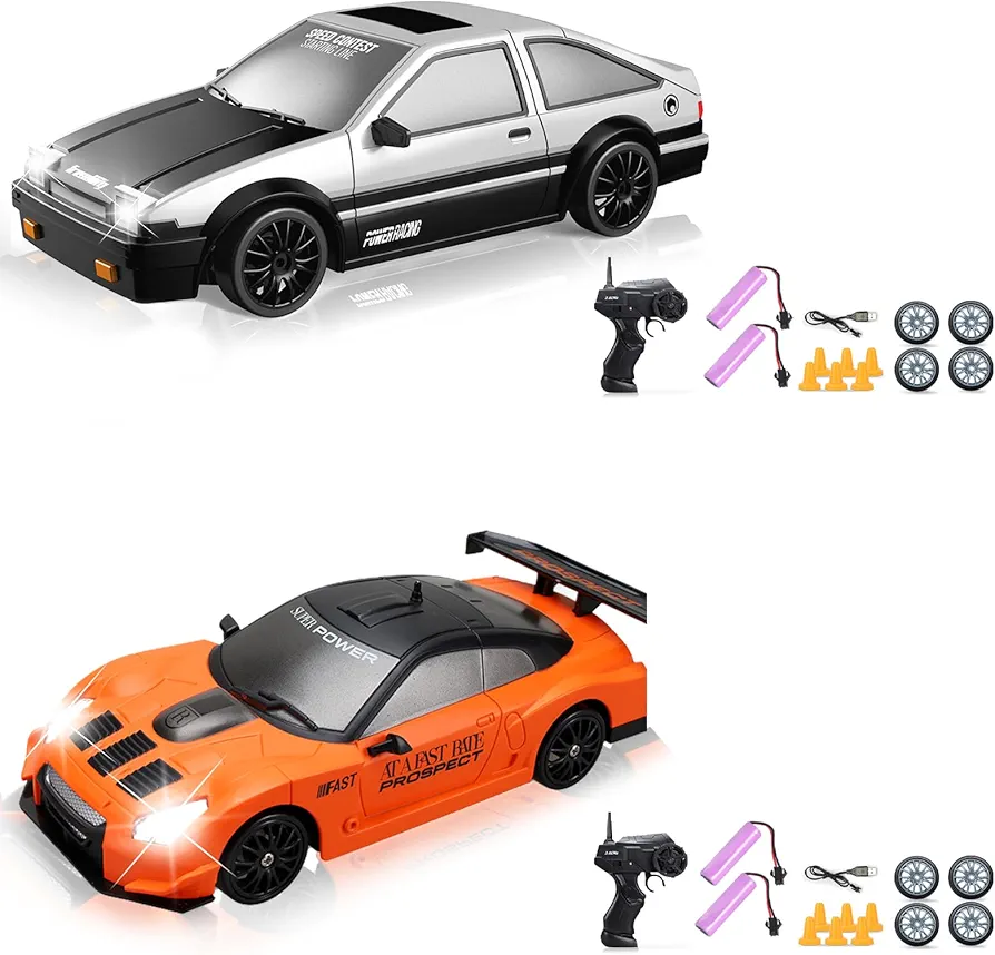 2PCS RC Drift Cars, 1/24 RC Car 2.4GHz 4WD Remote Control Car RC Drift Racing Car High Speed RC Cars with Cool Lights, 2 Rechargeable Batteries and Extra Tires Birthday Gifts for Kids