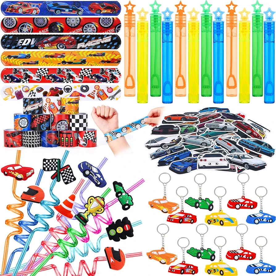 98Pcs Race Car Party Favors Race Car Birthday Party Supplies Straw Bubble Slap Band Sticker Racing Toy Gift Boy Kid Filler Goodie Bag Stuffer Racecar Themed Decorations