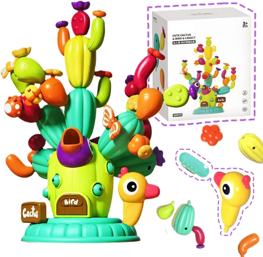 Stack Rainbow Cactus Blocks Toy 59 PCS，Balance Cactus Toy，Rainbow Stack Toy Trees，Educational Building and Stacking Toys Preschool Games Montessori Toys for Toddlers 3+