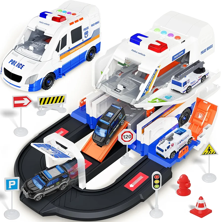 Police Car Toy Truck Set for Kids,Emergency Vehicle Playset Toy,Parking Building Adventure Toys with 4 Small Alloy Police Trucks,Ideas Birthday Gift for Kids 6 7 8 9 10 11 12+ Years Old