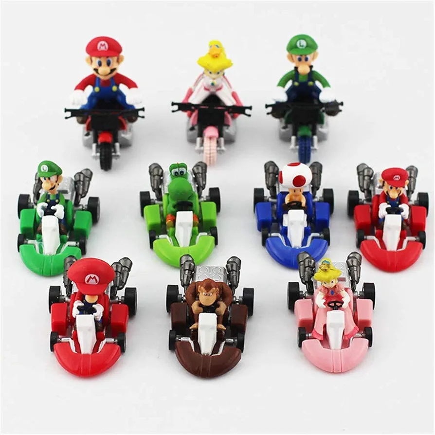 10 Pcs Supe Mari Bros Kart Pull Back Cars Motorcycle Lugi Yosi Toad Princes Peach Donkey Kong 2.5 Inch for Kid Gift (10 Pcs)