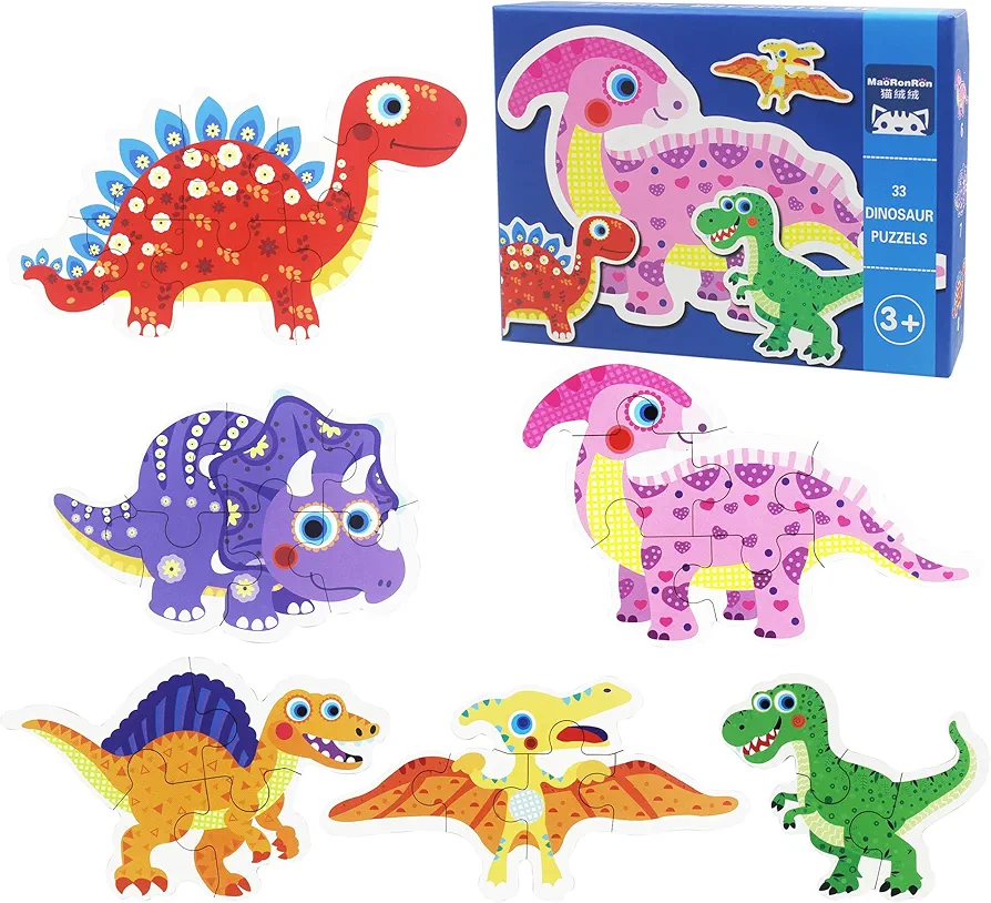 FLYINGSEEDS 6 Packs Dinosaur Wooden Shaped Jigsaw Puzzles for Toddlers Ages 1 2 3, Level-up Puzzles for Beginner, Montessori Learning Toys Preschool Educational Activity for Kids Ages 2-5